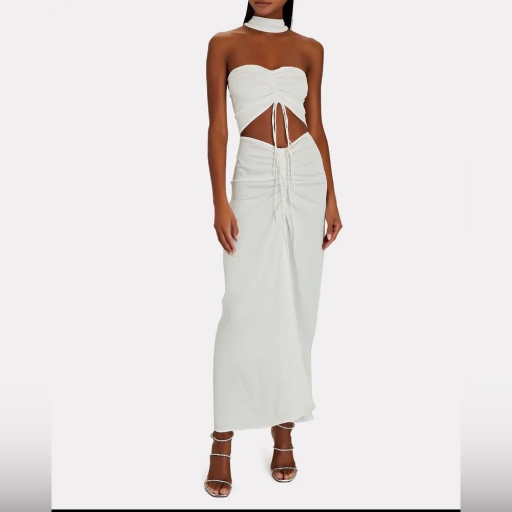 CHRISTOPHER ESBER WHITE REVERSED HALTER RUCHED DRESS - SIZE 8 AU/4 US